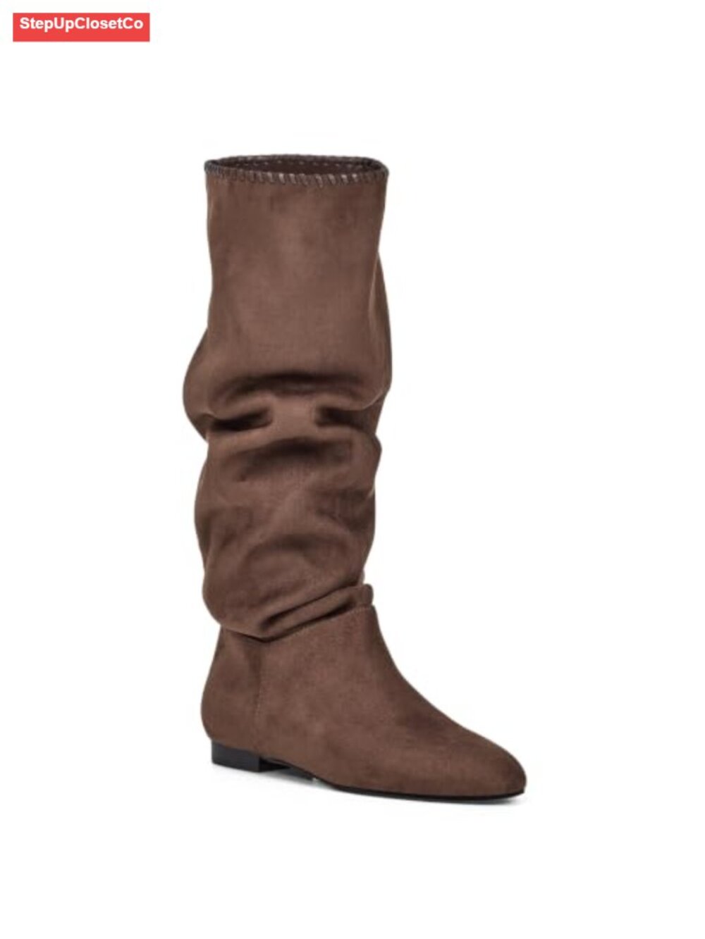 Slouchy Knee High Pull On Flat Boots - Faux Suede & PU Leather, Low Heel,